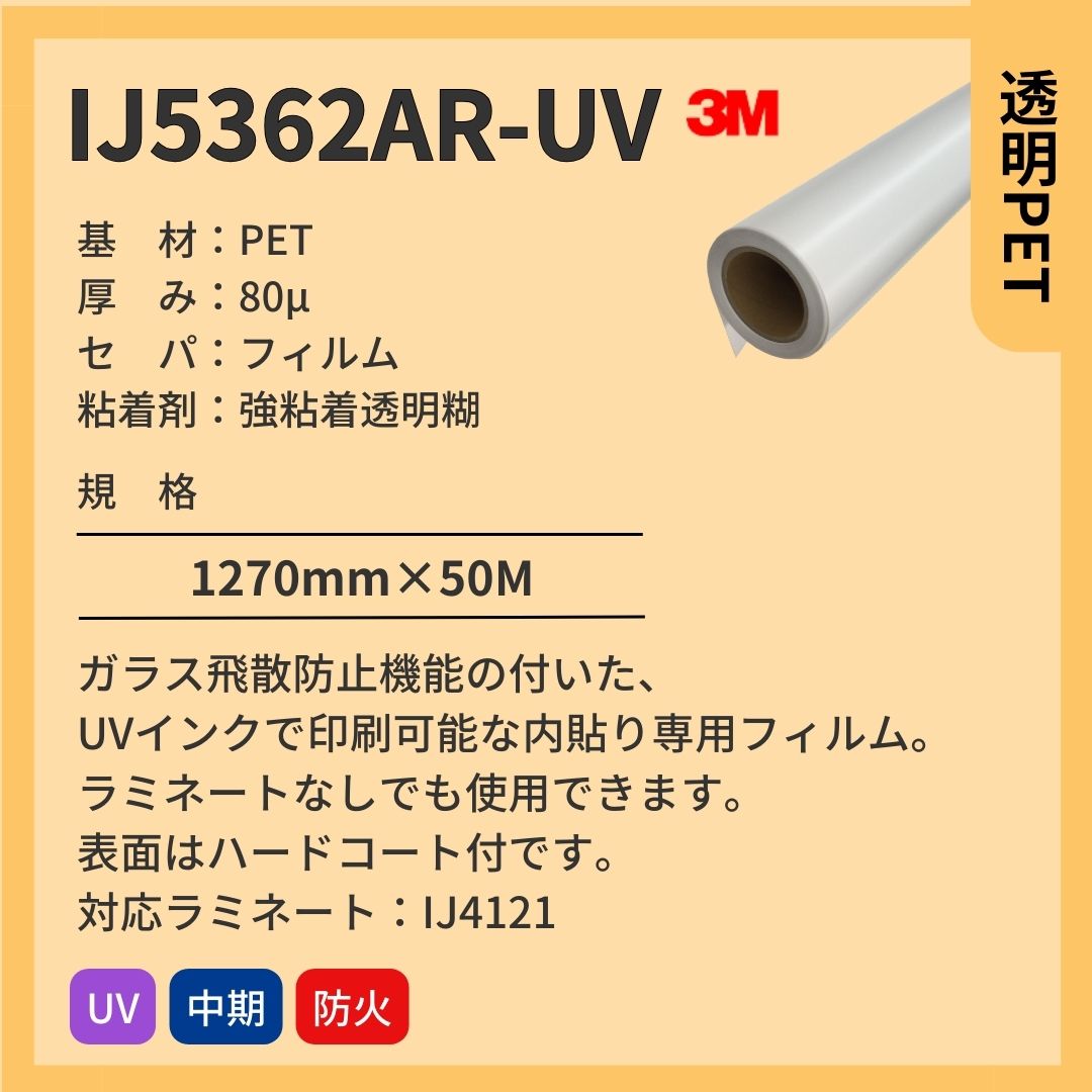 3M(スリーエム) IJ5362AR-UV グロス 透明PET インクジェットメディア ガラス飛散防止 内貼り専用 不燃対応