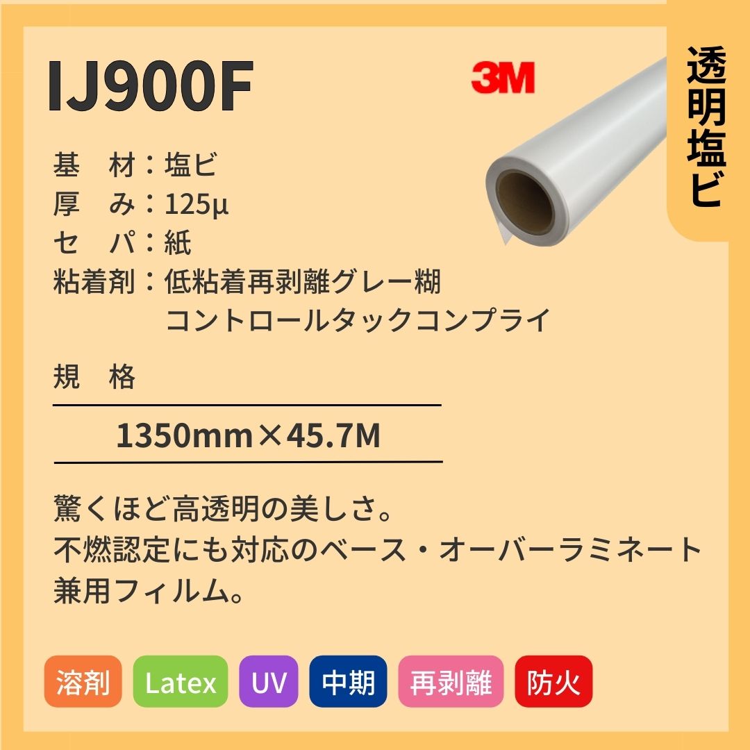 3M(スリーエム) IJ900F グロス 透明塩ビ 再剥離 インクジェットメディア/ラミネートフィルム兼用 短期 不燃対応