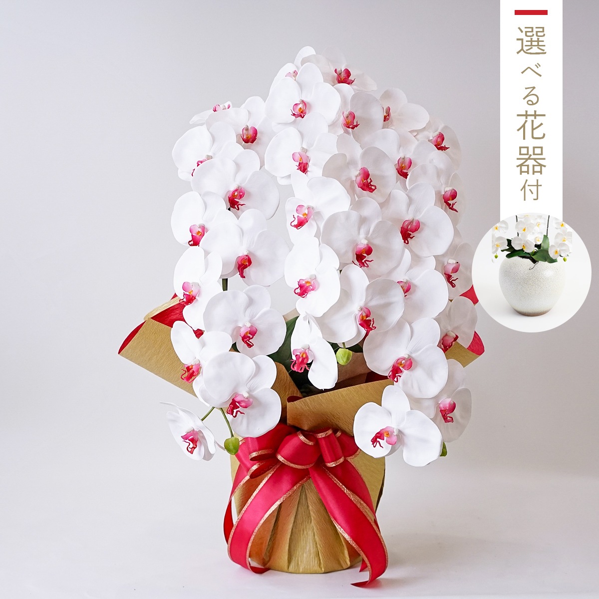 胡蝶蘭鉢 はくらん 選べる花器付 3本立ち 赤リップ アーティフィシャルフラワー