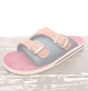 HTCThe SandalmanڎÎߎݎގَώݡ   Double Buckle Flower Glass Stone Studs / Brown&Navy