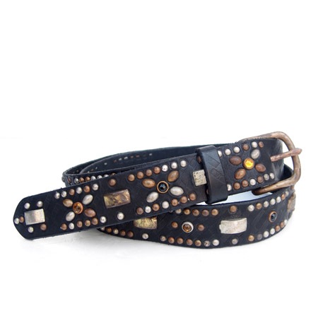 HTC ̎Î ٥ Emboss Police Black Full Studs Belt / Black&Yellow Stone