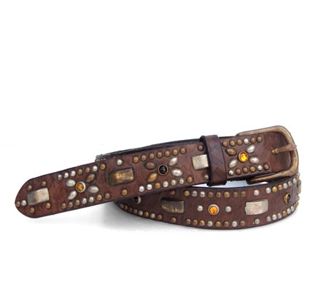 HTC ̎Î ٥ Emboss Police Brown Full Studs Belt / Black&Yellow Stone