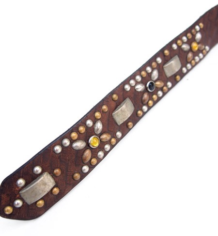 HTC ̎Îͥ٥ Emboss Police Brown Studs Belt / Black&Yellow Stone