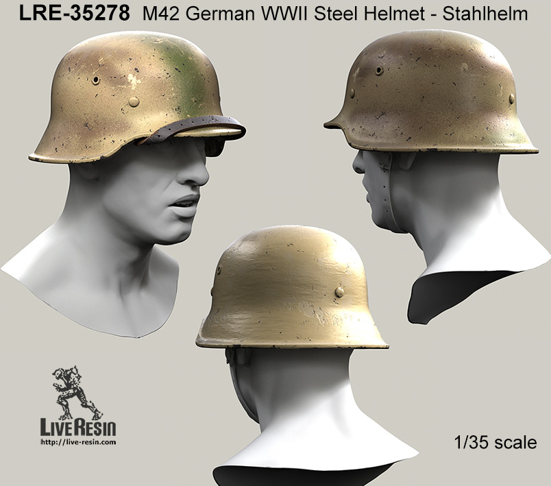 Live Resin LRE35278 1/35 M42 German WWII Steel Helmet - Stahlhelm 42, classic chinstrap and with 