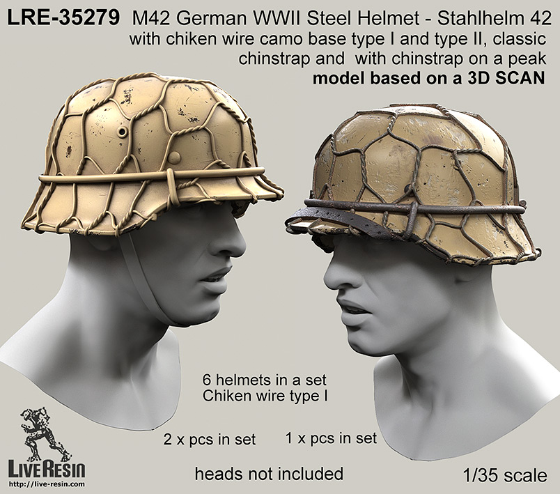 Live Resin LRE35279 1/35 M42 German WWII Steel Helmet - Stahlhelm 42 with chiken wire camo base 