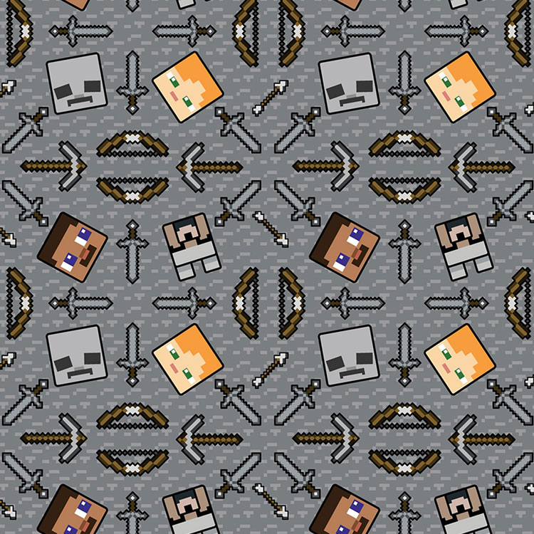 送料無料/ 10cm単位 続けてカット マインクラフト ピクセル グレー 生地 総柄 コットン プリント キャラクター 男の子 布 手作り
