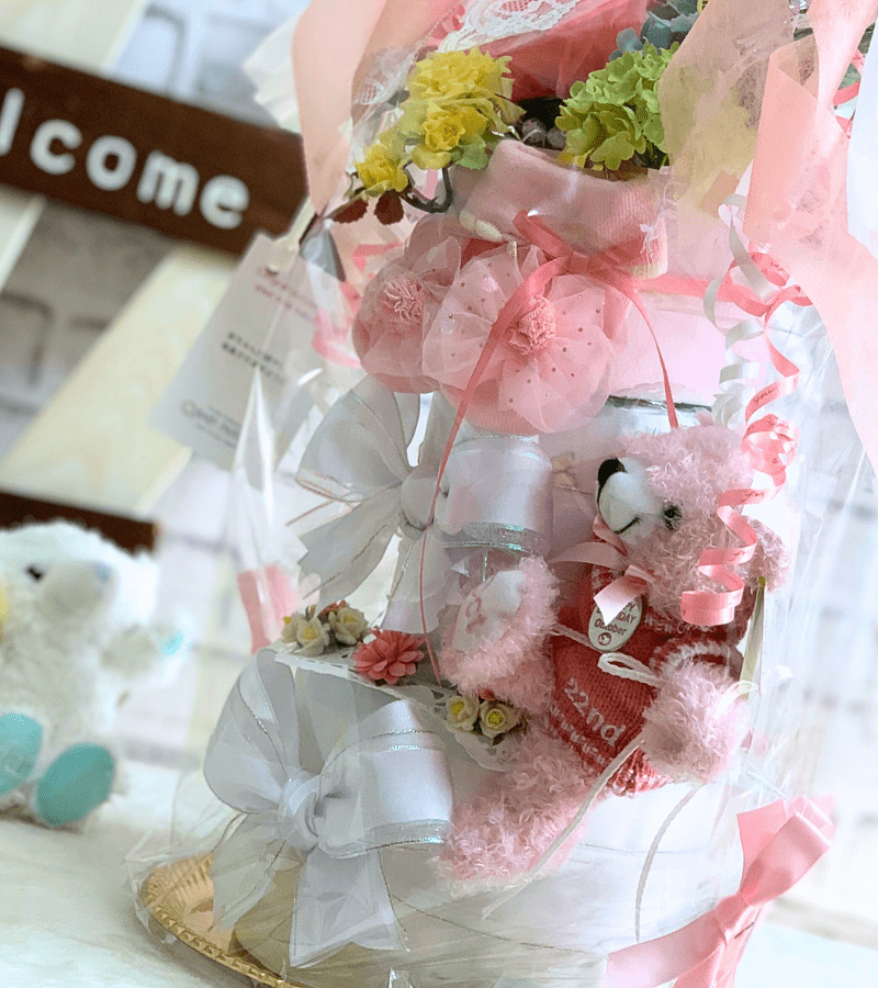 プチサイズ2段 おむつケーキ女の子 プチパルフェ ホワイトコーデ