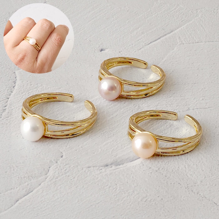 08. 淡水パール フリーサイズ リング 三連デザイン 3色】 指輪 高見え