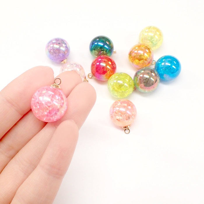 クラック丸玉チャーム ガラス 約16mm 【10個売り】 全17カラー