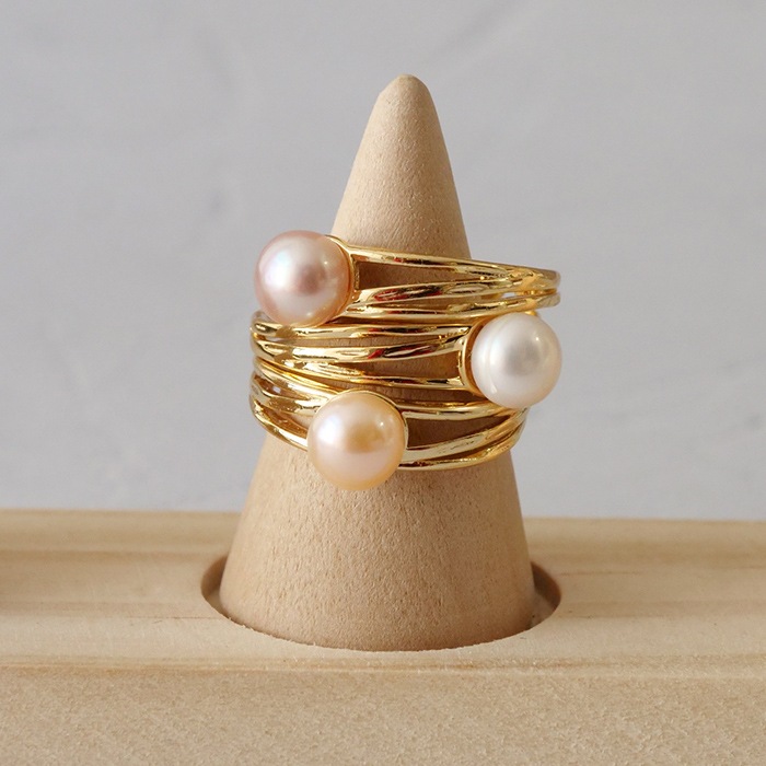 08. 淡水パール フリーサイズ リング 三連デザイン 3色】 指輪 高見え