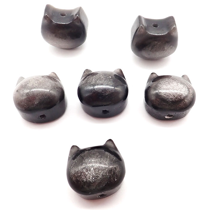 天然石 ネコ ビーズ（1個）縦穴 【オブシディアン】ブラック 黒猫 猫
