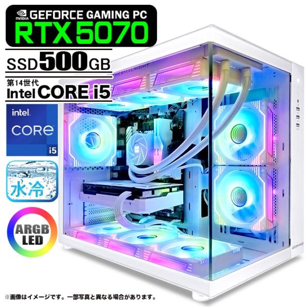 ゲーミングPC デスクトップパソコン 海景房 GMQ360 ホワイト GeForce RTX5070 第14世代 Intel Corei5 14400F Windows11 NVMe M.2 SSD500GB メモリ16GB CPU水冷ファン ゲーミングパソコン eスポーツ PASOUL 極