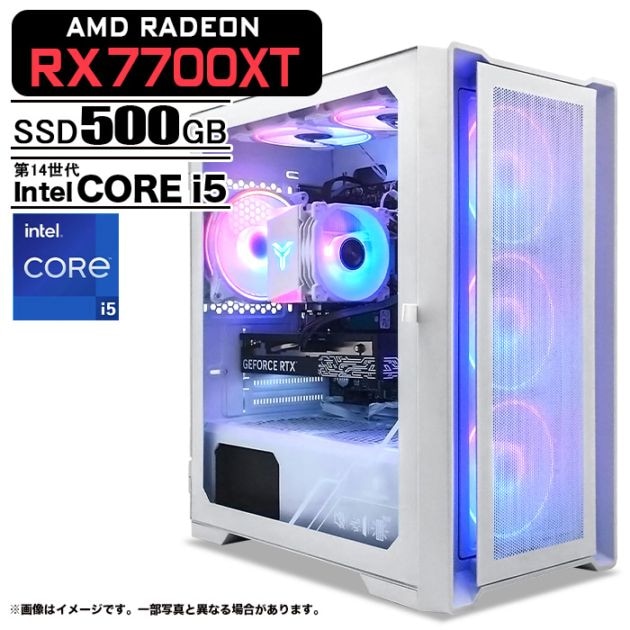 ゲーミングPC デスクトップパソコン ホワイト メッシュ AMD Radeon RX7700XT 第14世代 Intel Corei5 14400F Windows11 NVMe M.2 SSD500GB メモリ16GB ゲーミングパソコン eスポーツ PASOUL 煌