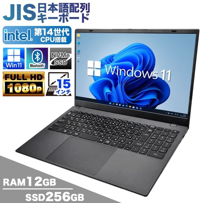 ノートパソコン PASOUL NC15J 15.6インチワイド Windows11 第14世代 Intel TwinLake N150 NVMe PCIe3.0 SSD256GB メモリ12GB フルHD 1920×1080 デュアルWifi Bluetooth USB3.0 Type-C HDMI WEBカメラ JIS規格 日本語配列キーボード