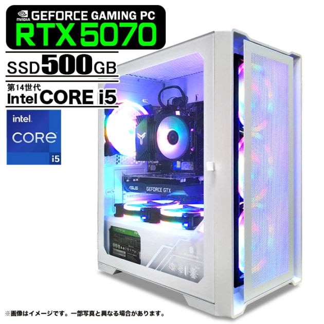 ゲーミングPC デスクトップパソコン ホワイト メッシュ GeForce RTX5070 第14世代 Intel Corei5 14400F Windows11 NVMe M.2 SSD500GB メモリ16GB ゲーミングパソコン eスポーツ PASOUL 煌