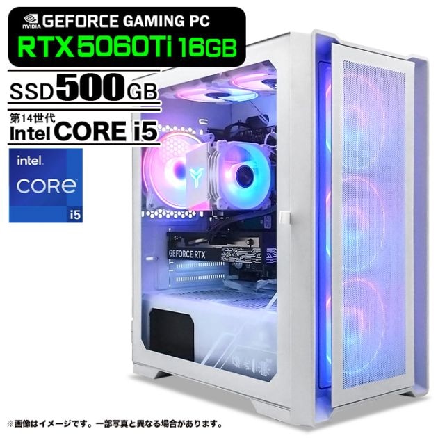 ゲーミングPC デスクトップパソコン ホワイト メッシュ GeForce RTX5060Ti VRAM16GB 第14世代 Intel Corei5 14400F Windows11 NVMe M.2 SSD500GB メモリ16GB ゲーミングパソコン eスポーツ PASOUL 煌
