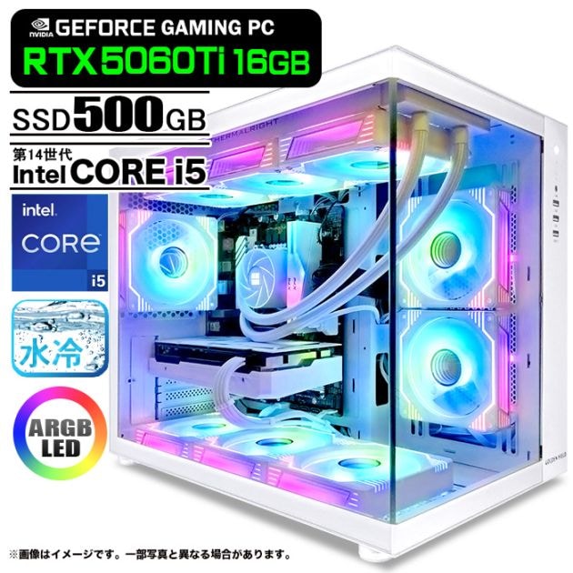 ゲーミングPC デスクトップパソコン 海景房 GMQ360 ホワイト GeForce RTX5060Ti VRAM16GB 第14世代 Intel Corei5 14400F Windows11 NVMe M.2 SSD500GB メモリ16GB CPU水冷ファン ゲーミングパソコン eスポーツ PASOUL 極