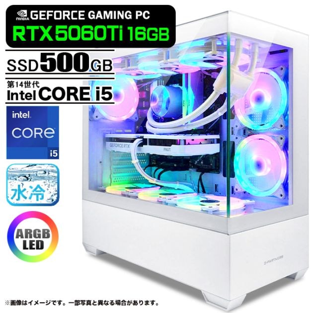 ゲーミングPC デスクトップパソコン GP-V3 ホワイト ピラーレス GeForce RTX5060Ti VRAM16GB 第14世代 Intel Corei5 14400F Windows11 NVMe M.2 SSD500GB メモリ16GB CPU水冷ファン ゲーミングパソコン eスポーツ PASOUL 極