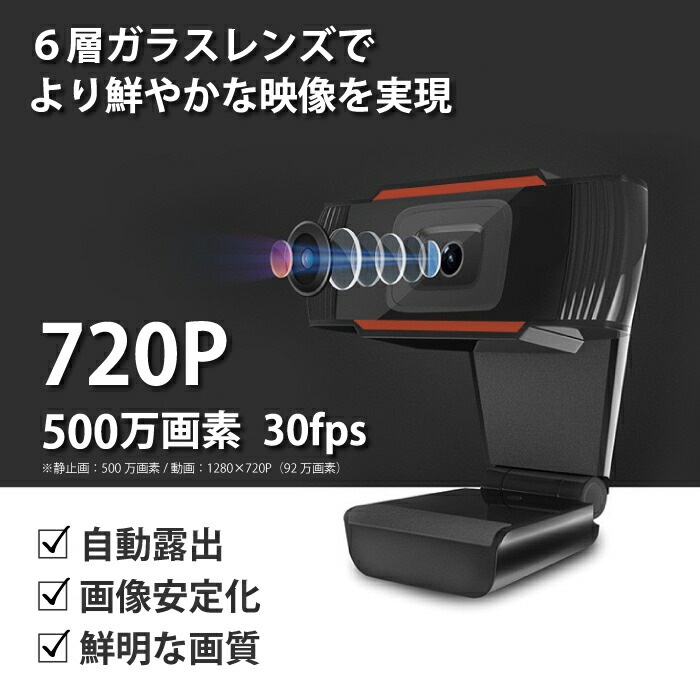 WEBカメラ 高画質 解像度720p 6層ガラスレンズ 静止画500万画素 30fps
