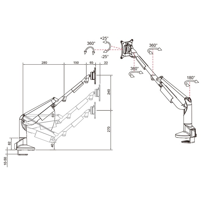 IPASON W32ZB-J モニターアーム ブラック シングル ディスプレイアーム 24～34インチモニター対応 VESA75mm/100mm両対応 クランプ式/穴あけ式 回転 上下 左右 前後 