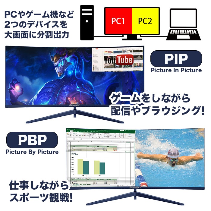 PASOUL ゲーミングモニター IPASON E342BW-J LED液晶 34インチ ウルトラワイド 曲面 ブラック UWQHD 3440×1440 21:9 165Hz 1ms VAパネル 非光沢 ノングレア 液晶ディスプレイ HDMI2.0 DisplayPort1.4 HDR10 Adaptive Sync 湾曲モニター