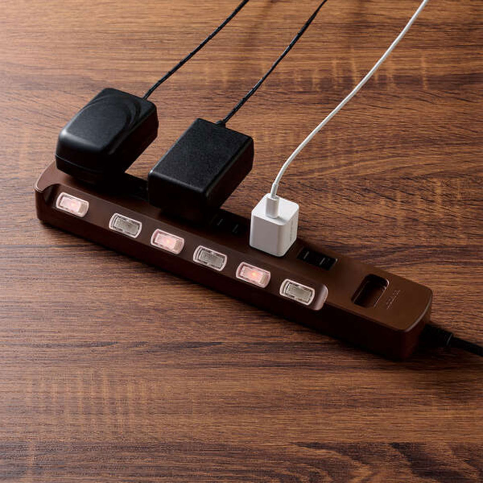 ELECOM [T-BR04-2610BR] 個別スイッチ付 雷ガードタップ 6個口1m ColorStyle2 Brown 5枚目