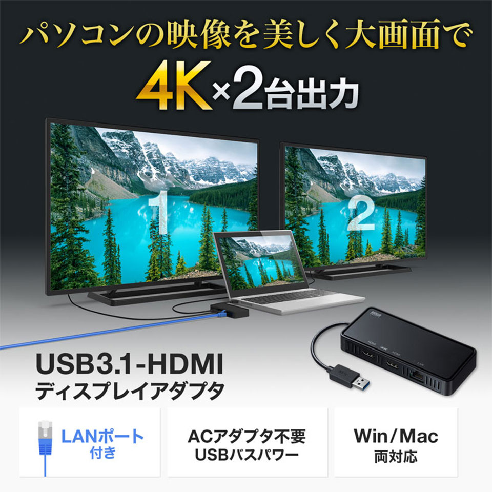 【台数限定大特価!!】SANWASUPPLY [USB-CVU3HD3] HDMIディスプレイアダプタ 4K対応 2出力 LAN-ポート付き 5枚目