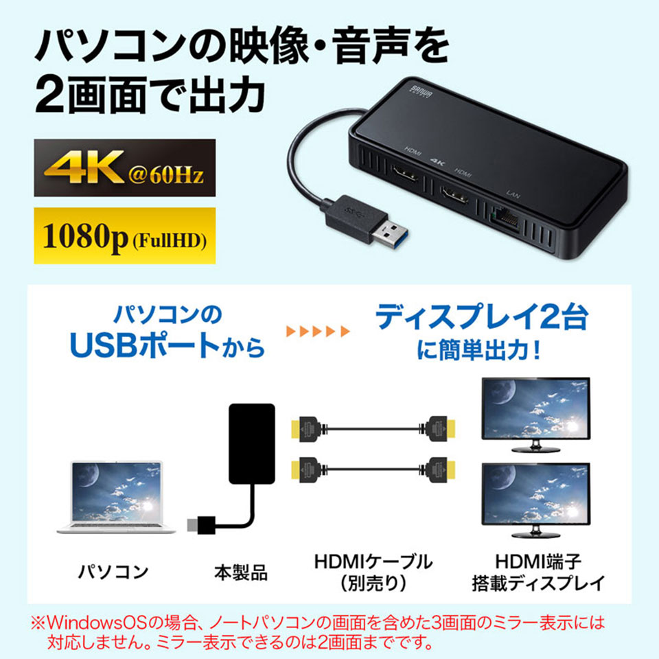 【台数限定大特価!!】SANWASUPPLY [USB-CVU3HD3] HDMIディスプレイアダプタ 4K対応 2出力 LAN-ポート付き 7枚目