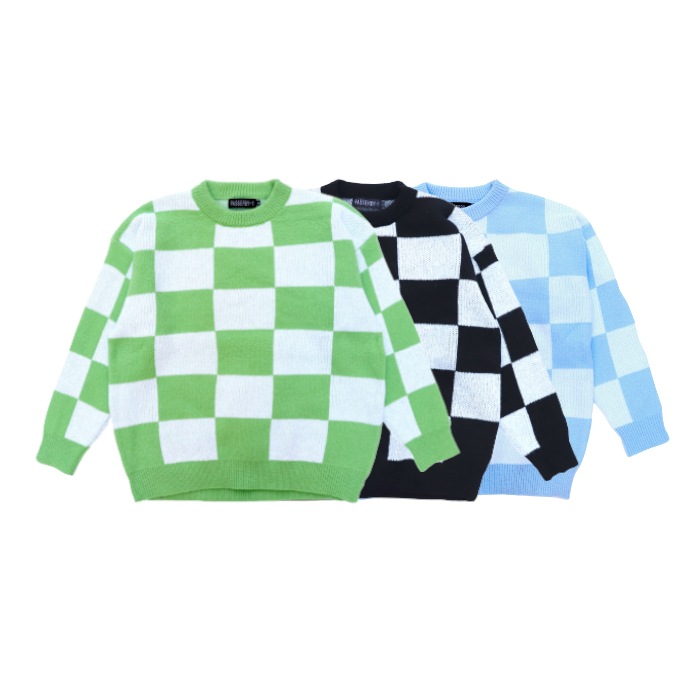 ��3����CHECKERED FRAG CREW NECK KNIT��ADDICT SELECTION�� <Y470>