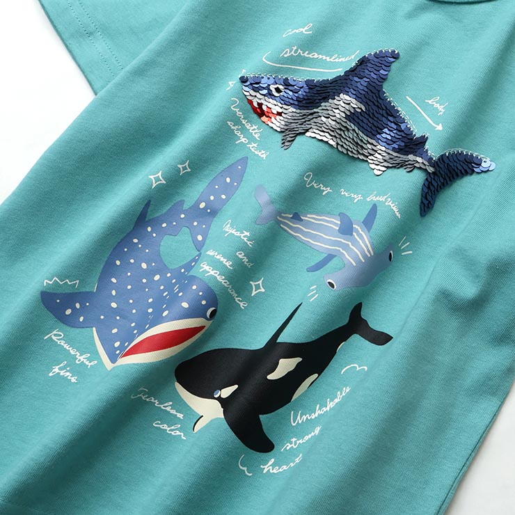 キッズ 半袖Tシャツ リバーシブルスパンコール サメ シャーク 海の仲間