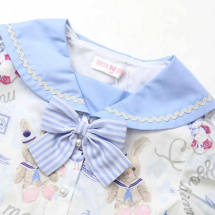 mezzo piano キッズ セーラーカラー半袖ワンピース うさぎ ねこ 航海柄 