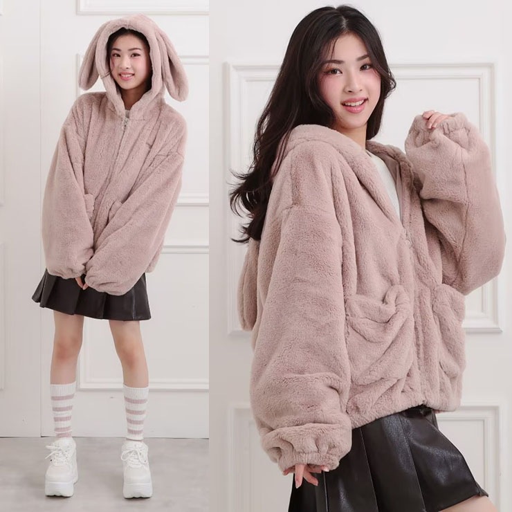 PINK-latte フェイクファーブルゾン 耳付き うさ耳 無地 カラー 裏地