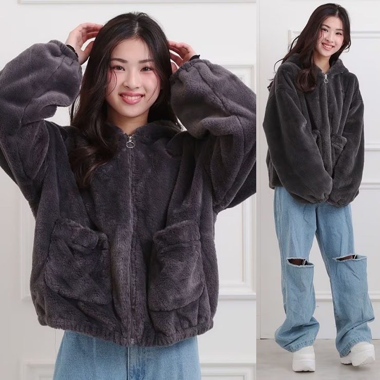 PINK-latte フェイクファーブルゾン 耳付き うさ耳 無地 カラー 裏地