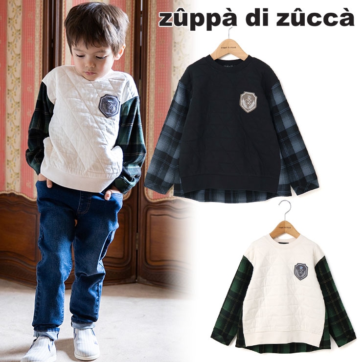 【 110cm 120cm 130cm 】長袖プルオーバー キルト チェック切替 zuppa di zucca ズッパディズッカ 37033051k
