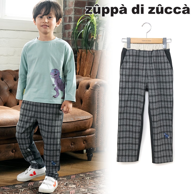 【 80cm 90cm 100cm 110cm 120cm 130cm 】長パンツ 恐竜ワンポイント 前後切替 チェック zuppa di zucca ズッパディズッカ 38613060