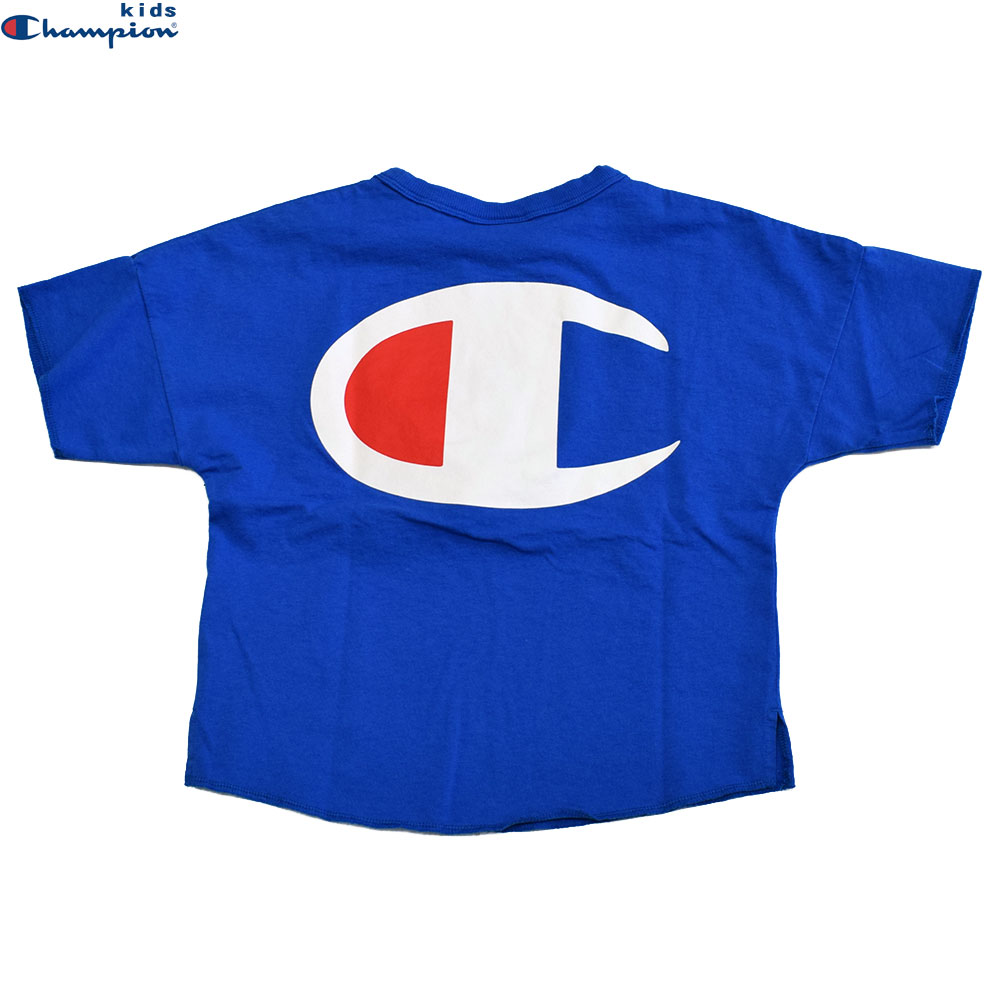 チャンピオン キッズ バックロゴプリントワイドTシャツ ブルー