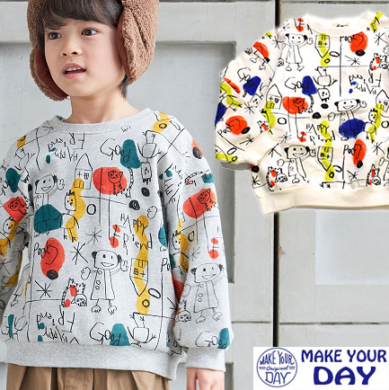 メイクユアデイ ラクガキ総柄裏毛トレーナー オフホワイト 240114