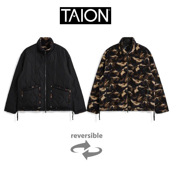 TAION タイオン ミリタリー リバーシブル ハイネック ダウンジャケット ブラック×ペイントカモ R102BML-1