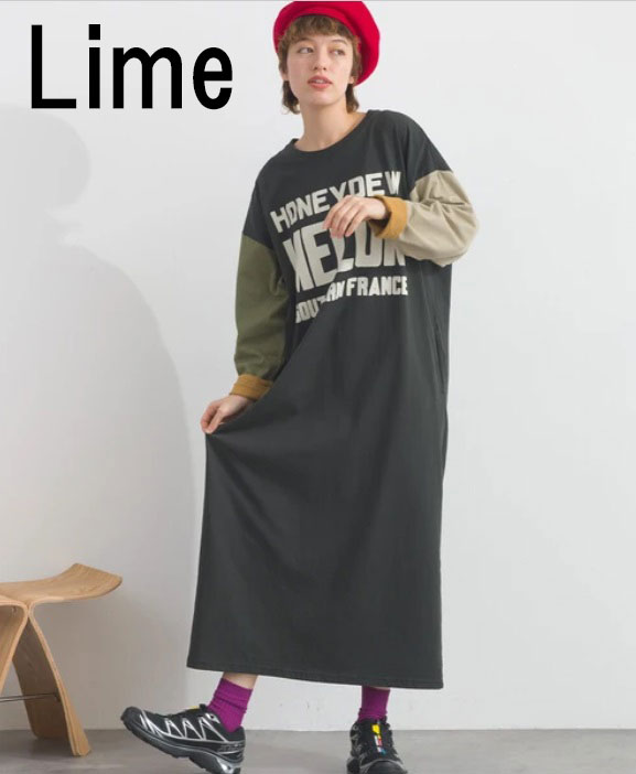 ライム LIME レディース アシンメトリー配色 ロゴ プリント 長袖 ワンピース 262869