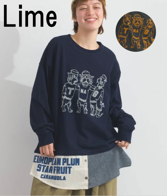 ライム LIME レディース OE天竺×裾布帛切替 フェイクレイヤード タイガープリント 長袖 プルオーバー Tシャツ 262870