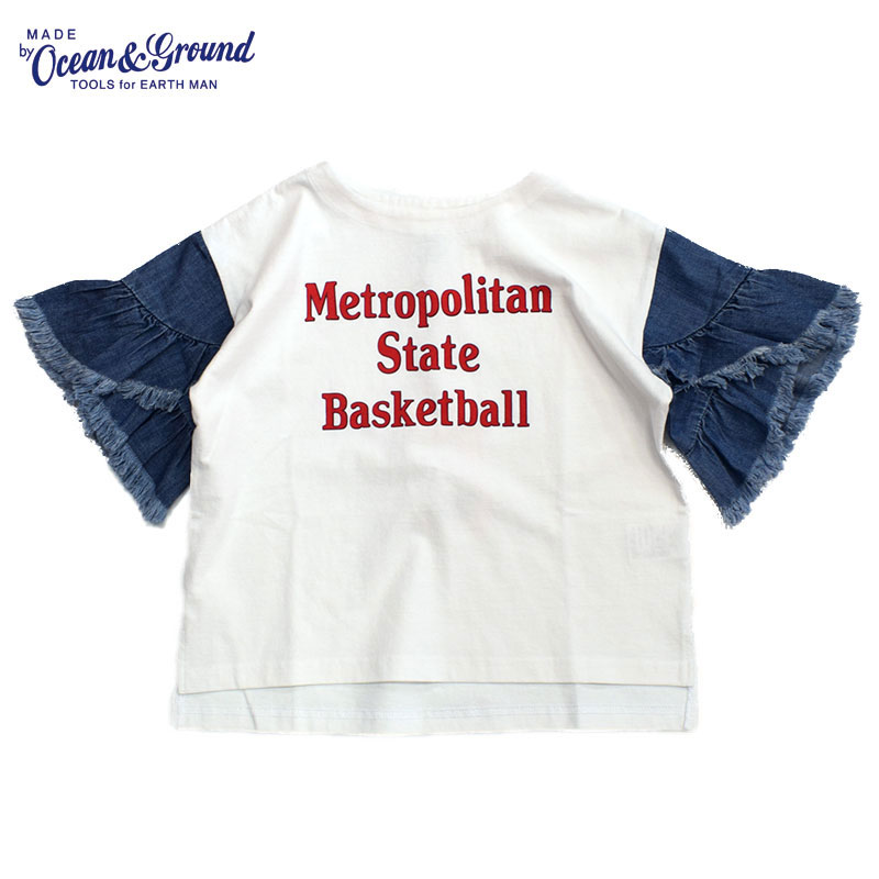 オーシャンアンドグラウンド デニムフリルショルダーTシャツ ホワイト