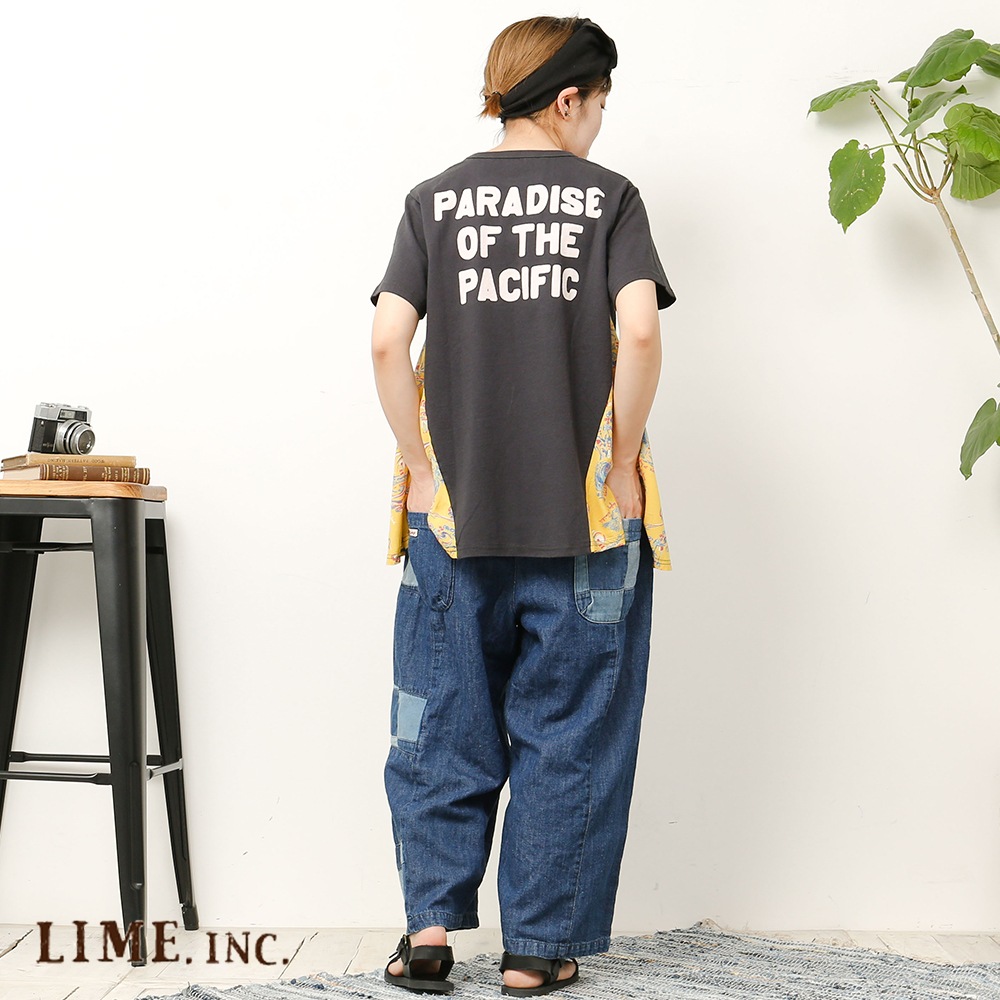ライム ＬＩＭＥ レディース パッチワーク切替サルエルパンツ 綿麻ネップデニム