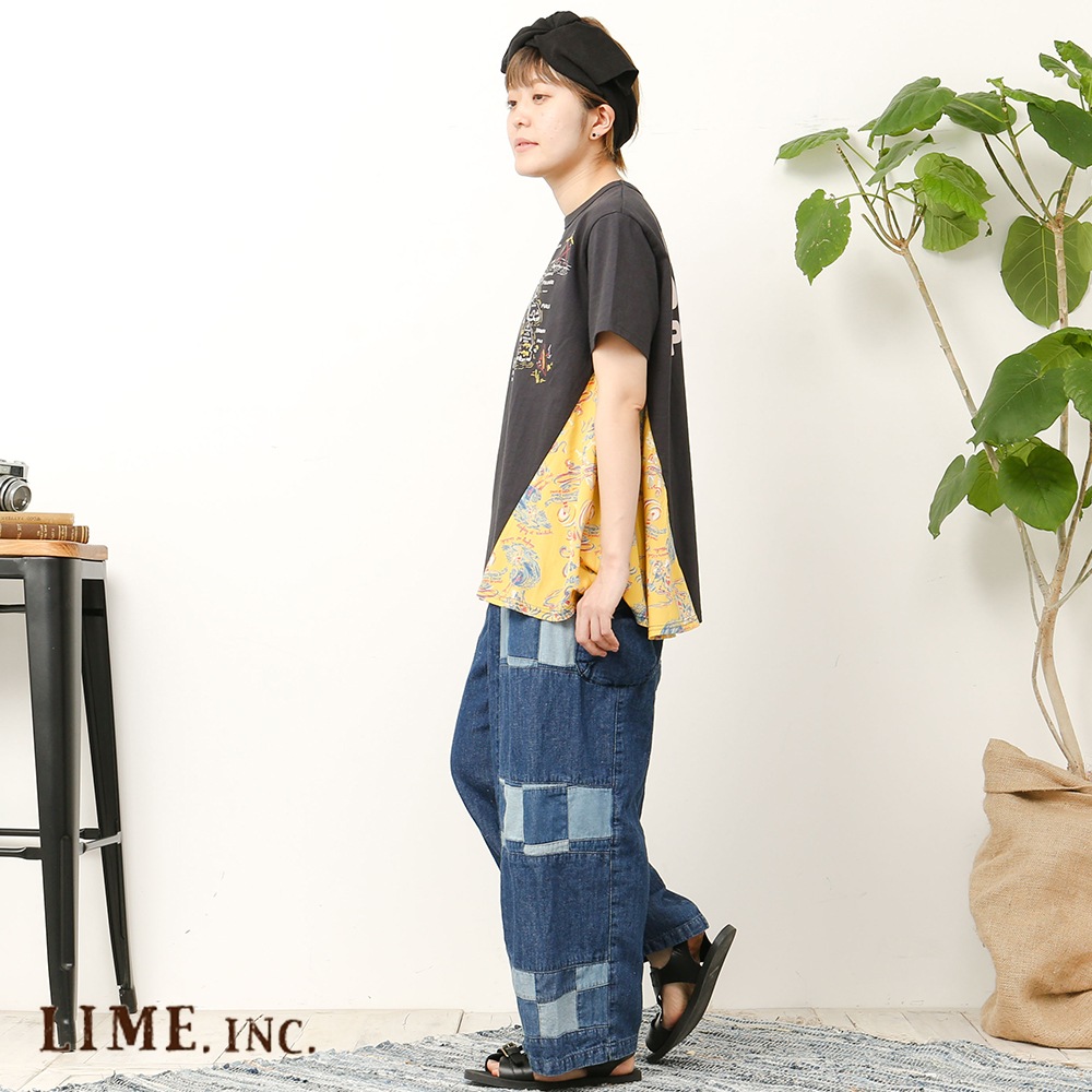 ライム ＬＩＭＥ レディース パッチワーク切替サルエルパンツ 綿麻ネップデニム