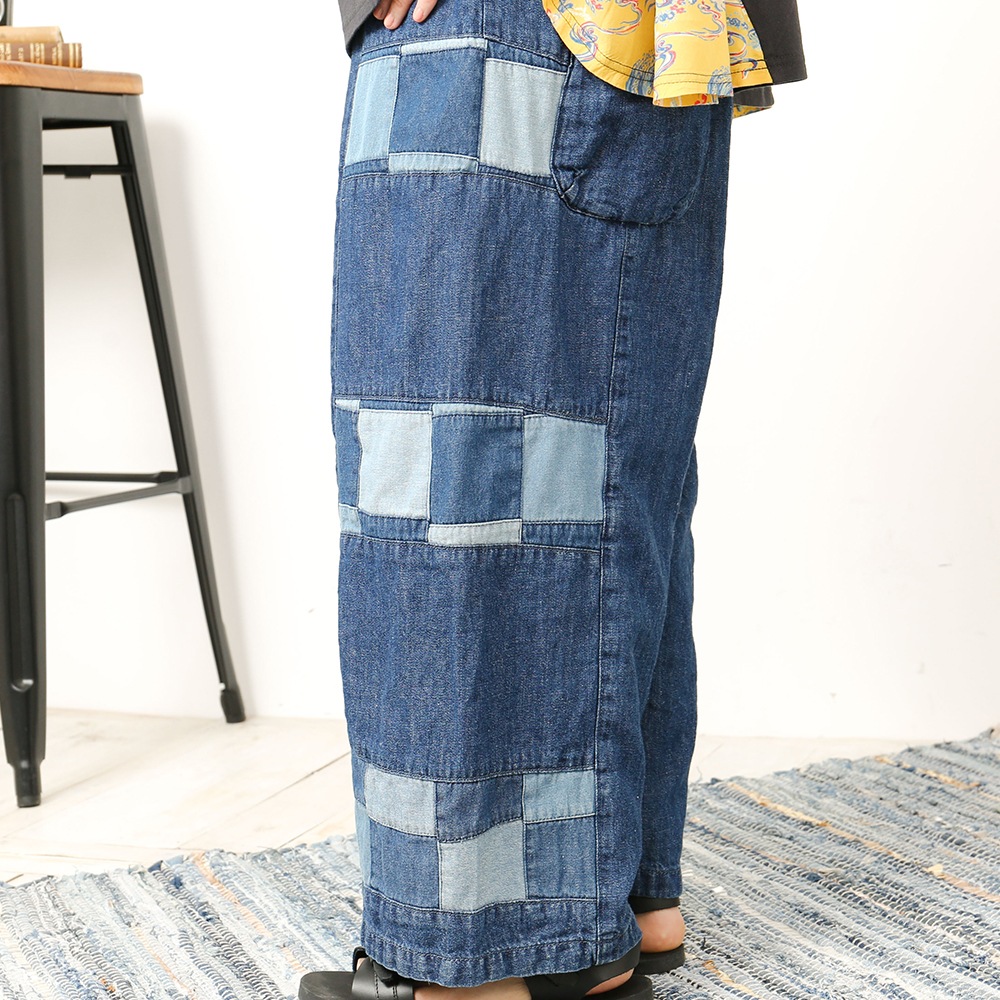 ライム ＬＩＭＥ レディース パッチワーク切替サルエルパンツ 綿麻ネップデニム