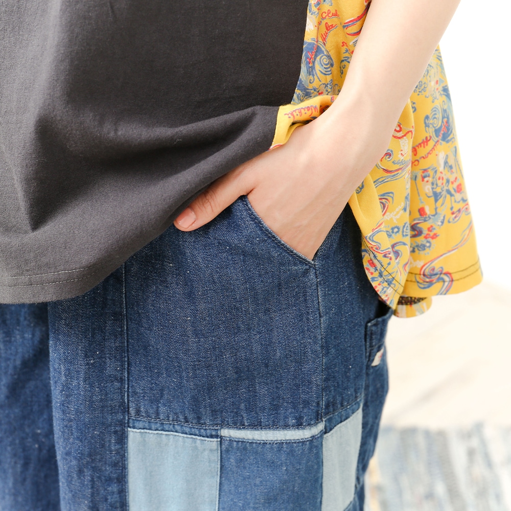 ライム ＬＩＭＥ レディース パッチワーク切替サルエルパンツ 綿麻ネップデニム