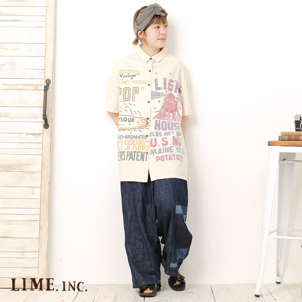ライム ＬＩＭＥ レディース パッチワーク切替サルエルパンツ 綿麻ネップデニム