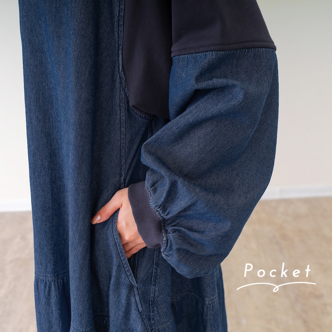 mili plus ミリプラス 裏毛×デニム ギャザーワンピ 225008