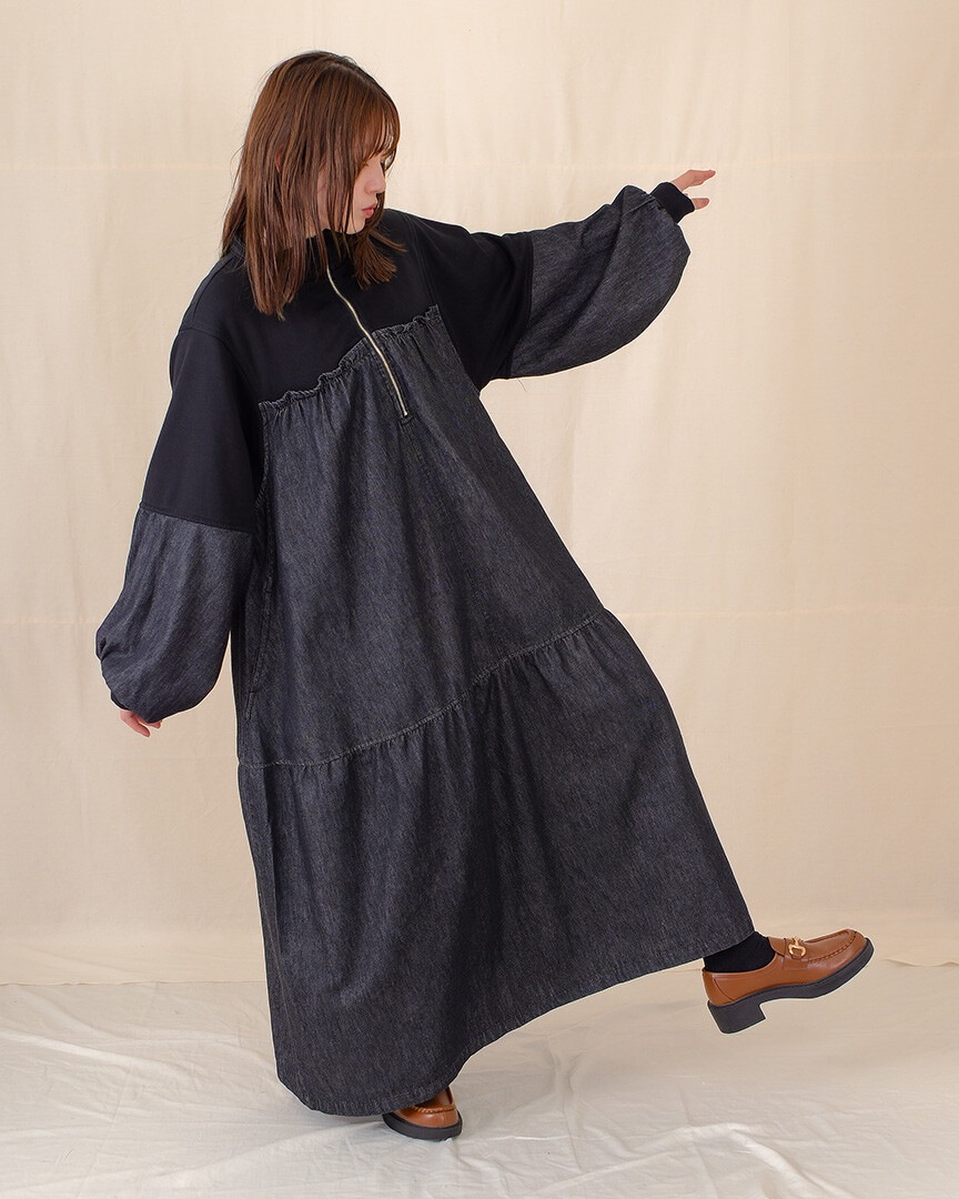 mili plus ミリプラス 裏毛×デニム ギャザーワンピ 225008