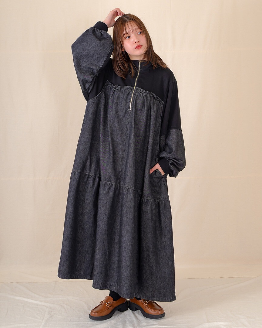 mili plus ミリプラス 裏毛×デニム ギャザーワンピ 225008