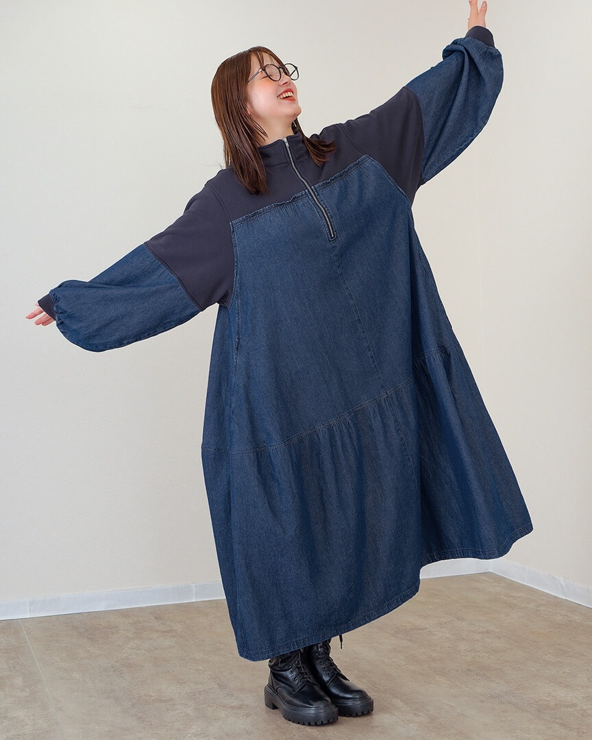 mili plus ミリプラス 裏毛×デニム ギャザーワンピ 225008